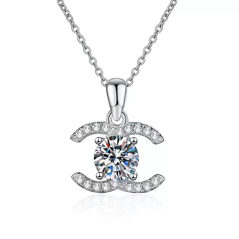 1CT Moissanite Double C Pendant Necklace | S925 Sterling Silver | Luxury Women Clavicle Chain