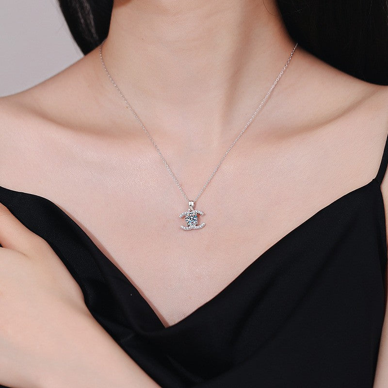 1CT Moissanite Double C Pendant Necklace | S925 Sterling Silver | Luxury Women Clavicle Chain — alternate view